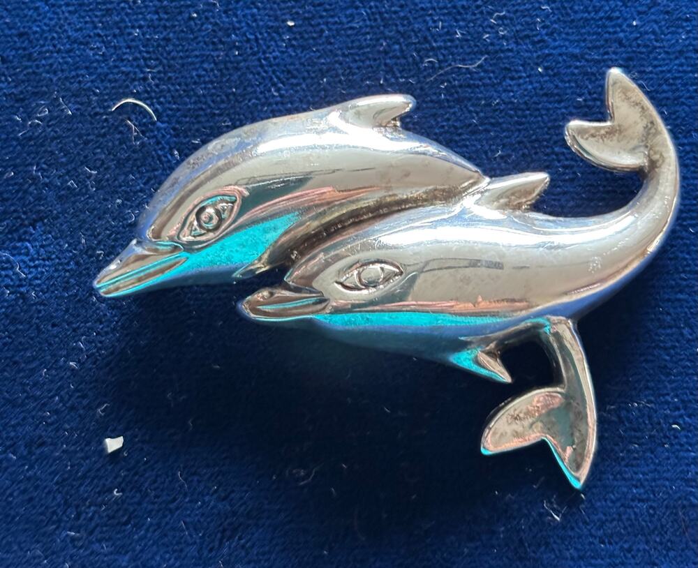 Vintage Sterling Silver Double Dolphin Brooch Mexico 2.25" x 1.5" 16g 3D